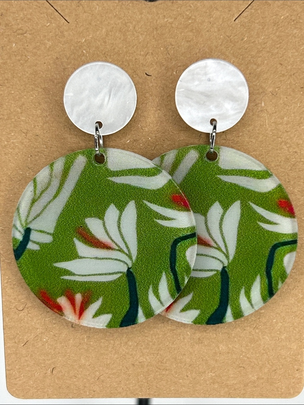 Green Floral Acrylic Drop Earrings with White Discs Studs Fashion Jewelry